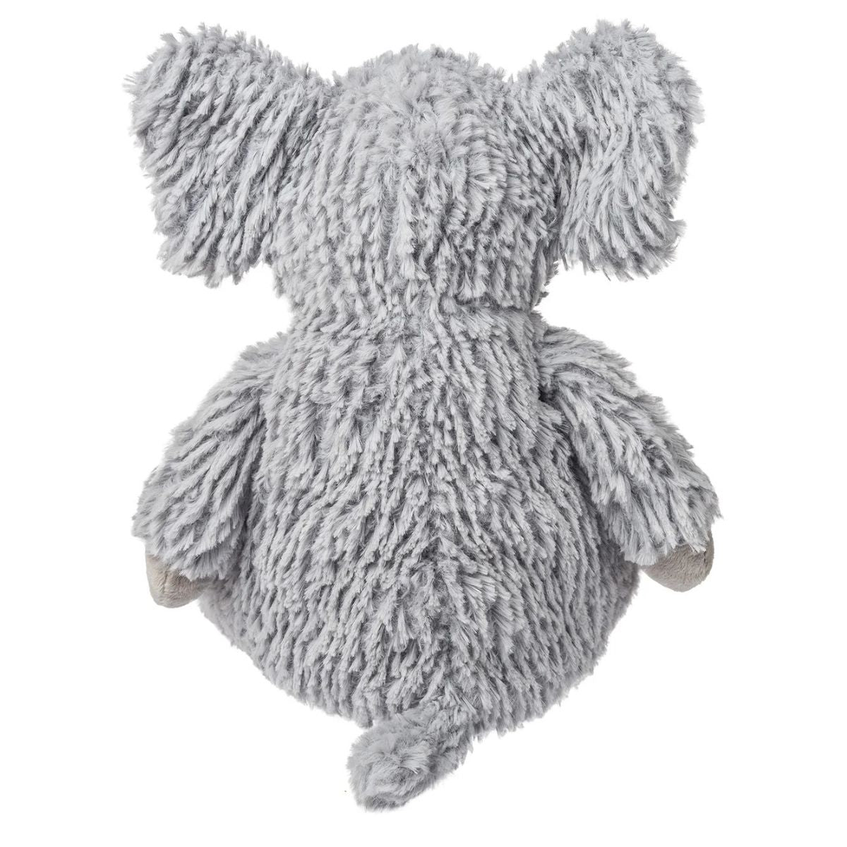 Side view of the slouchy Snuggables elephant plush showing its weighted bottom and soft grey fabric.