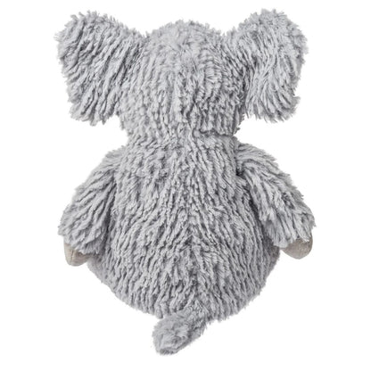 Side view of the slouchy Snuggables elephant plush showing its weighted bottom and soft grey fabric.