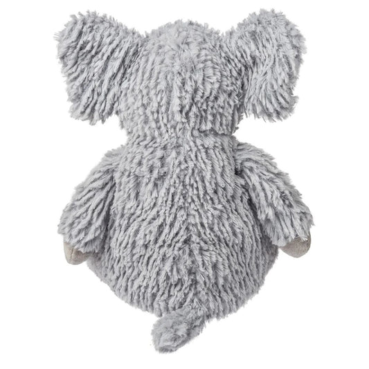 Side view of the slouchy Snuggables elephant plush showing its weighted bottom and soft grey fabric.