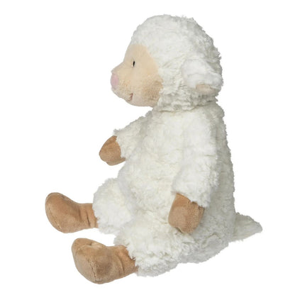Side view of the slouchy Snuggables lamb plush showing its weighted bottom and soft textured fur.