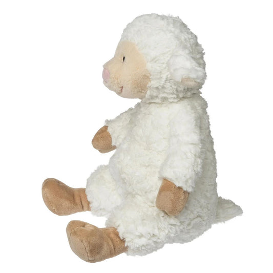 Side view of the slouchy Snuggables lamb plush showing its weighted bottom and soft textured fur.