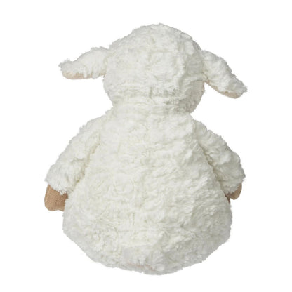 14-inch Mary Meyer lamb sitting upright, highlighting its floppy understuffed body and bean-weighted feet.