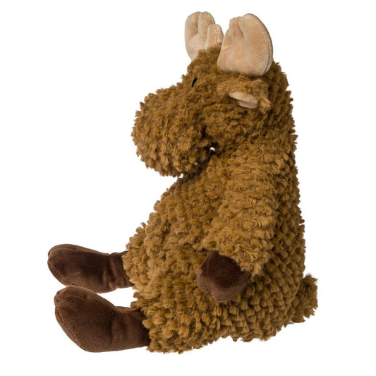 Side view of the slouchy Snuggables moose plush showing its weighted bottom and soft antlers.