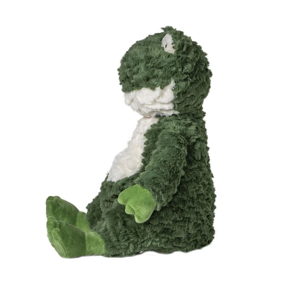Side view of the slouchy Snuggables frog plush showing its weighted bottom and soft green fabric.