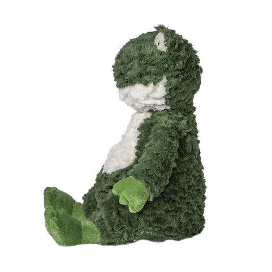 Side view of the slouchy Snuggables frog plush showing its weighted bottom and soft green fabric.