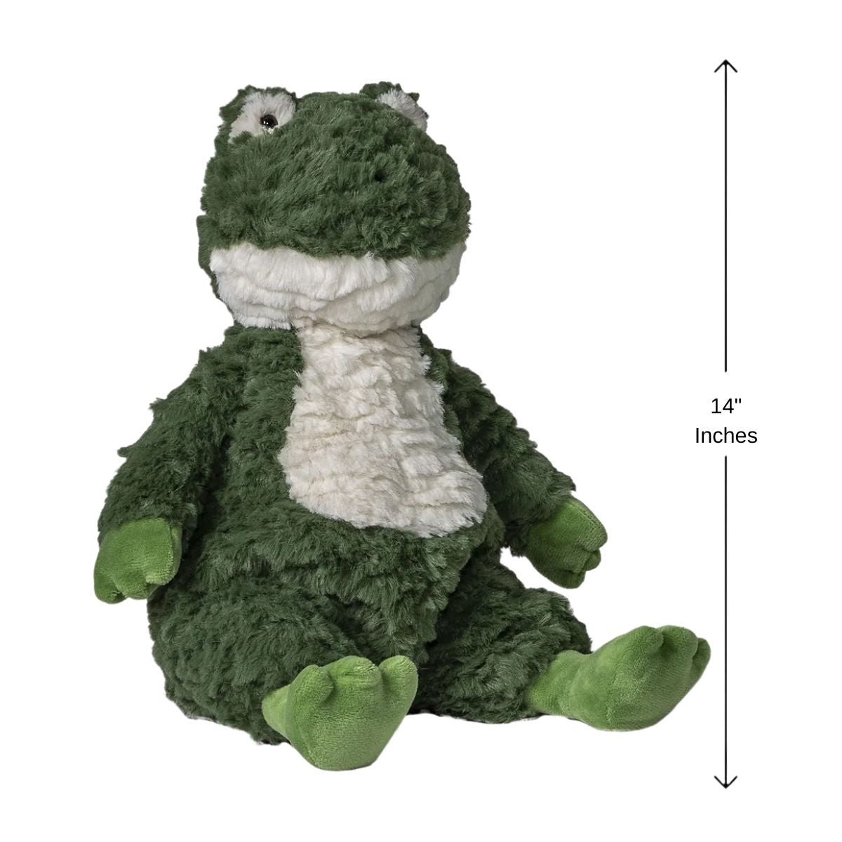 Sweet sculpted face and embroidered eyes on the Mary Meyer Snuggables frog plush.