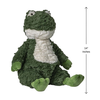 Sweet sculpted face and embroidered eyes on the Mary Meyer Snuggables frog plush.