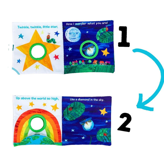 Graphic diagram showing the inner pages of the Eric Carle fabric book featuring star, moon, and rainbow illustration layouts.