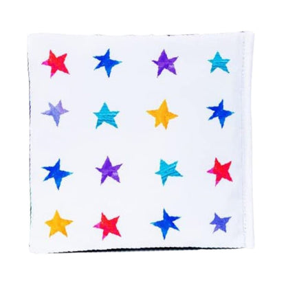 The back cover of the Eric Carle soft activity book featuring a repetitive pattern of colorful, vibrant stars against a white background.