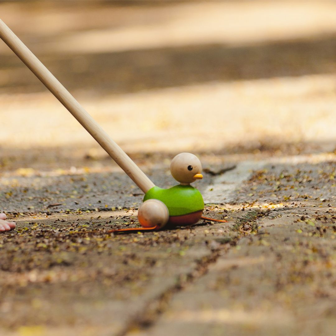 PlanToys wooden push toy across the floor.