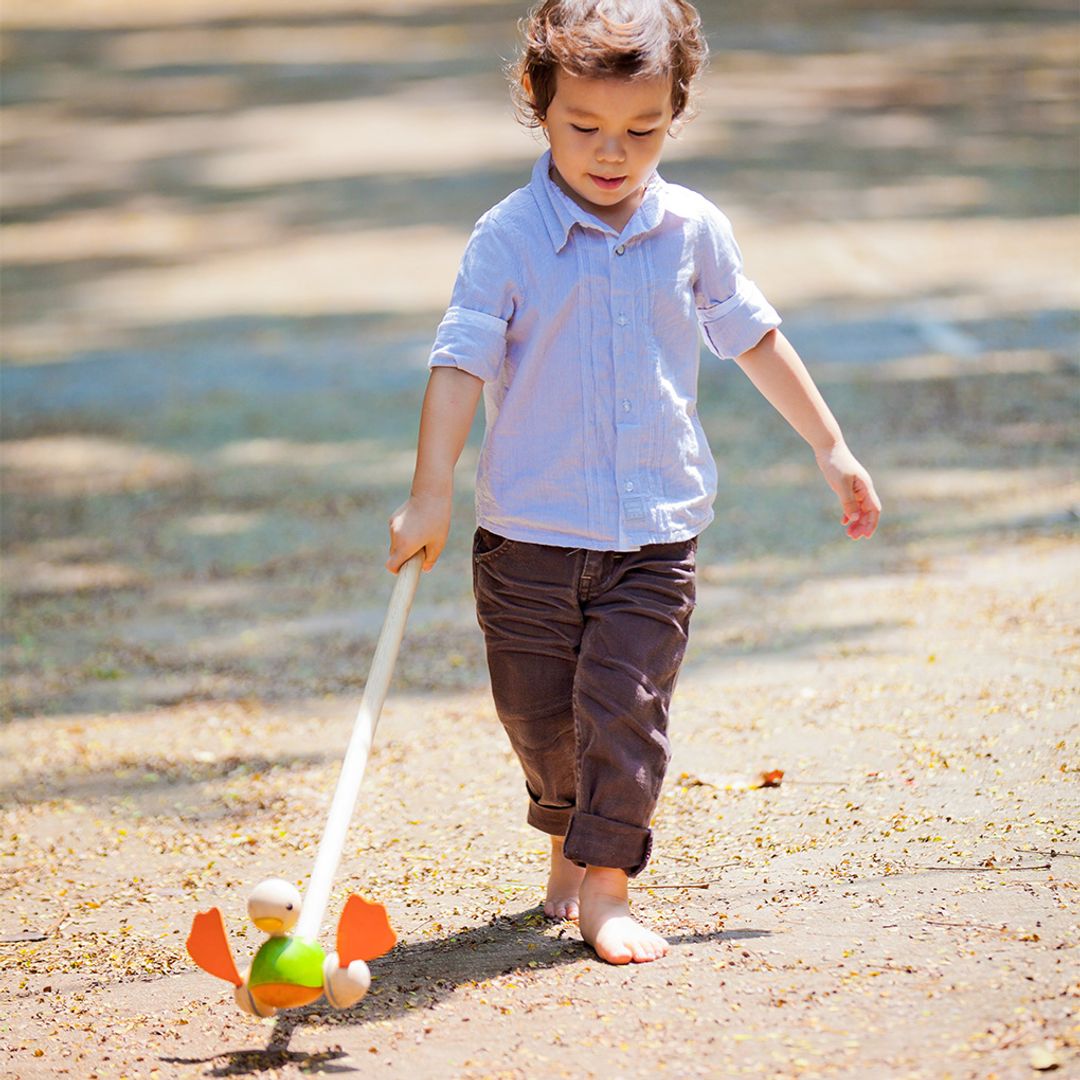 A little one developing fine motor skills by rolling the heirloom-quality PlanToys wooden push toy across the floor.
