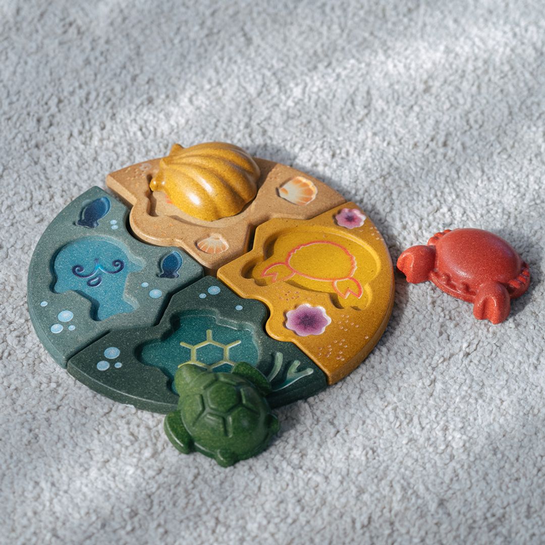 PlanToys® Marine Wooden Sealife Puzzle (Whale, Crab, Turtle and Shell)
