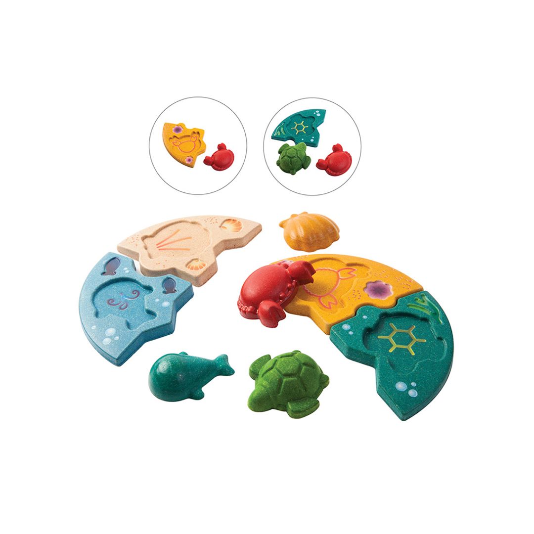 PlanToys® Marine Wooden Sealife Puzzle (Whale, Crab, Turtle and Shell)