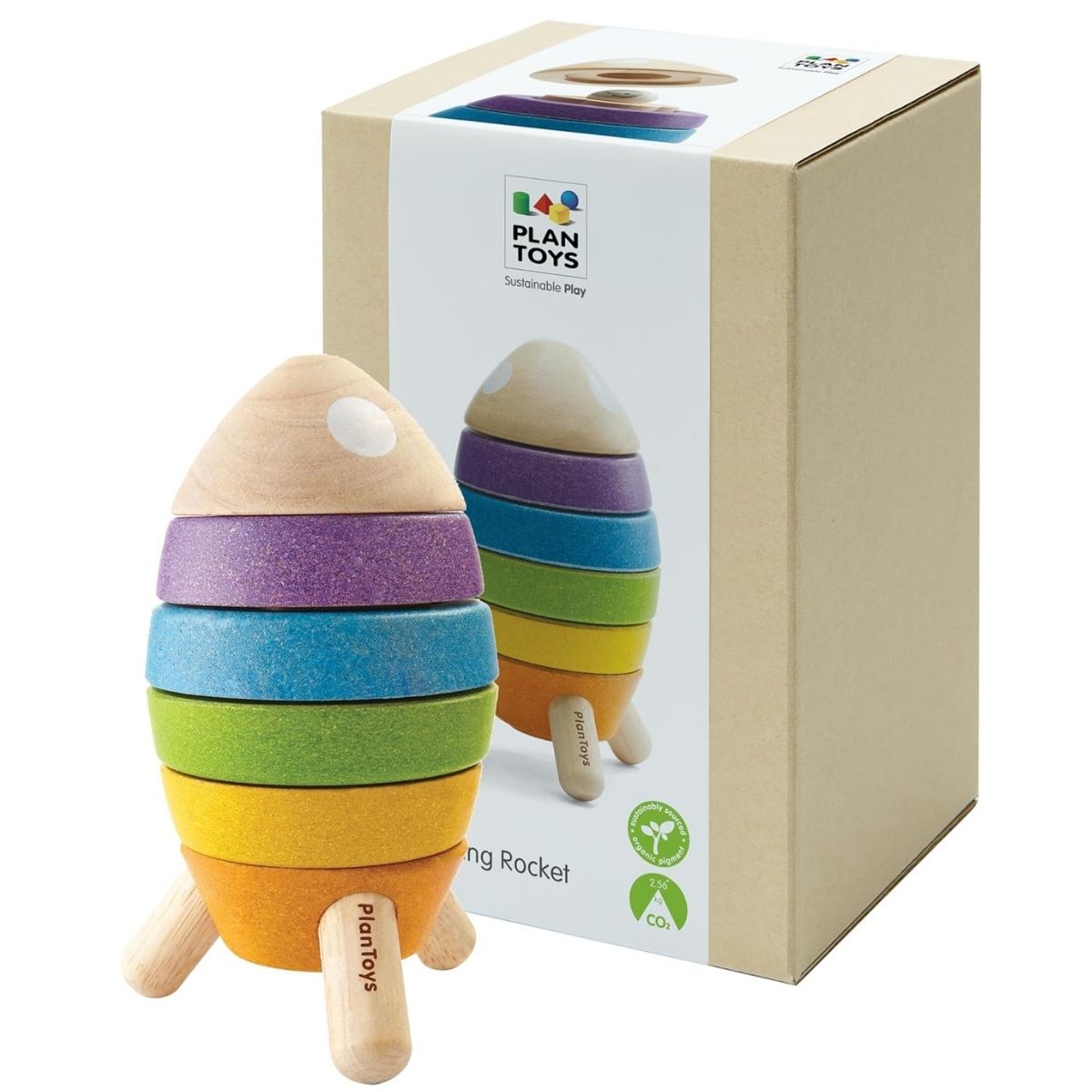 The eco-friendly PlanToys wooden stacking rocket displayed next to its sustainable cardboard packaging.