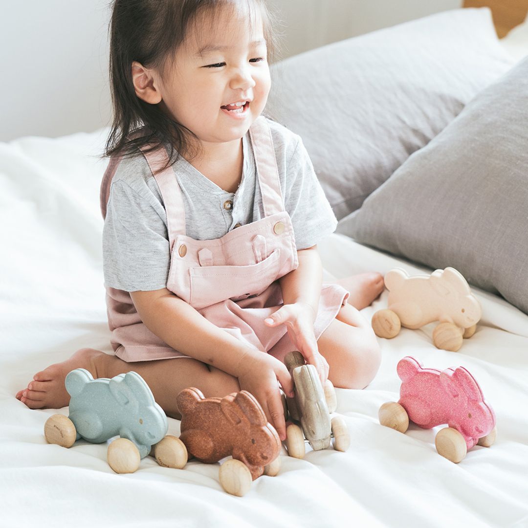 A toddler girl smiling and playing with a colorful collection of PlanToys eco-friendly wooden push toys.