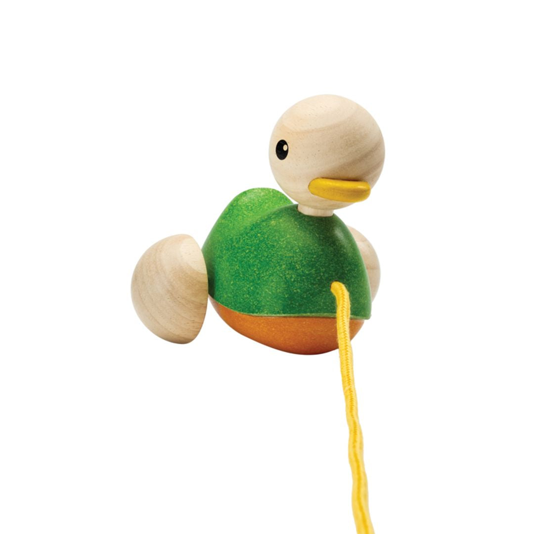 Angled close-up highlighting the non-toxic, water-based painted finish on the classic PlanToys walking toy.