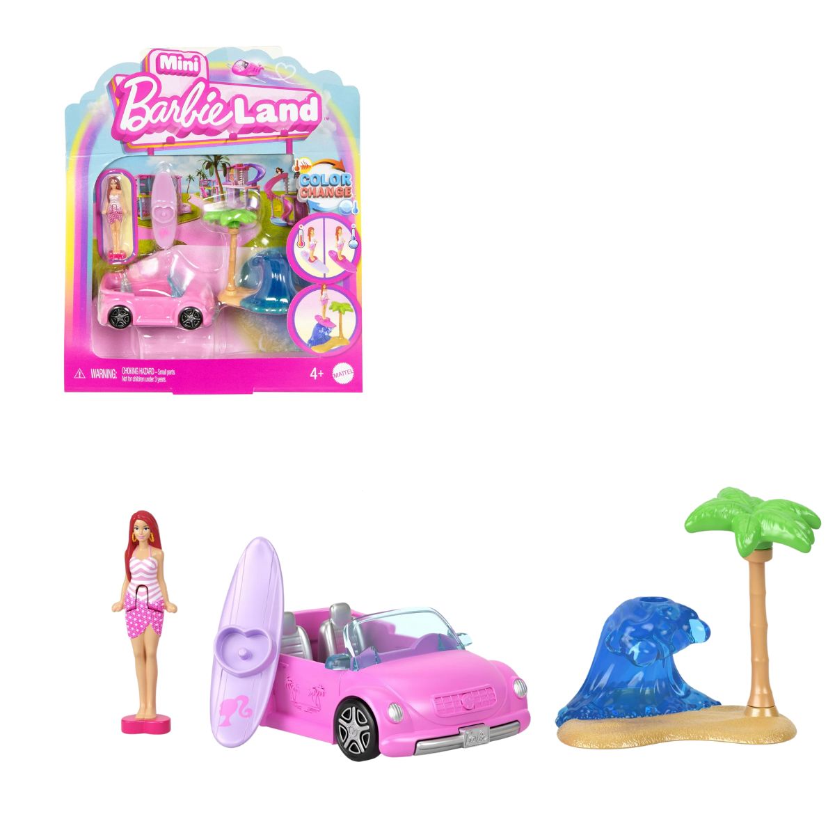 Barbie Mini BarbieLand 1.5" Inch Doll with Color Changing Beach Convertible Vehicle Set