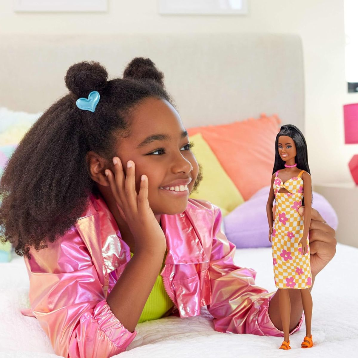 Barbie Fashionistas Doll #233, Black Hair in Checkered Flower Midi Dress with Matching Necklace and Sandals