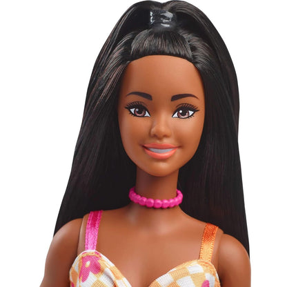 Barbie Fashionistas Doll #233, Black Hair in Checkered Flower Midi Dress with Matching Necklace and Sandals