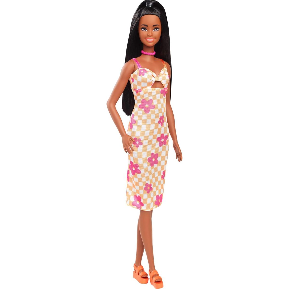 Barbie Fashionistas Doll #233, Black Hair in Checkered Flower Midi Dress with Matching Necklace and Sandals