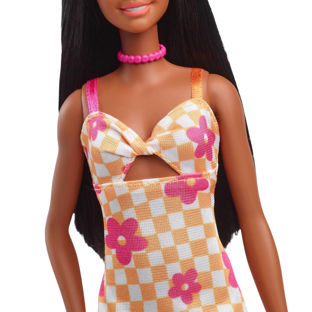 Barbie Fashionistas Doll #233, Black Hair in Checkered Flower Midi Dress with Matching Necklace and Sandals