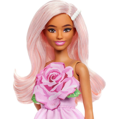 Barbie Fashionistas Doll #238, Blonde with White Barrette in Pink Rosebud Strapless Dress with Matching Heels