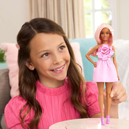 Barbie Fashionistas Doll #238, Blonde with White Barrette in Pink Rosebud Strapless Dress with Matching Heels