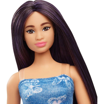 Barbie Fashionistas Doll #231, Purple Hair in Strapless Denim Butterfly Dress with Matching Heels and Belt