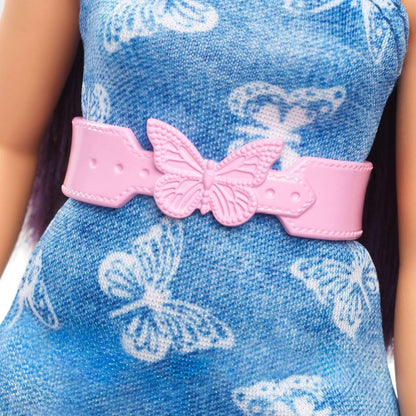 Barbie Fashionistas Doll #231, Purple Hair in Strapless Denim Butterfly Dress with Matching Heels and Belt