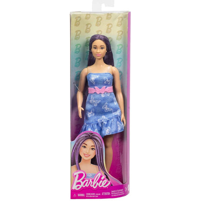 Barbie Fashionistas Doll #231, Purple Hair in Strapless Denim Butterfly Dress with Matching Heels and Belt