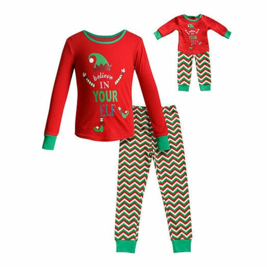 Dollie & Me Girls' "Believe in Your Elf" Christmas Snug Fit Sleepwear Set and Matching Doll Outfit Sizes 4-12