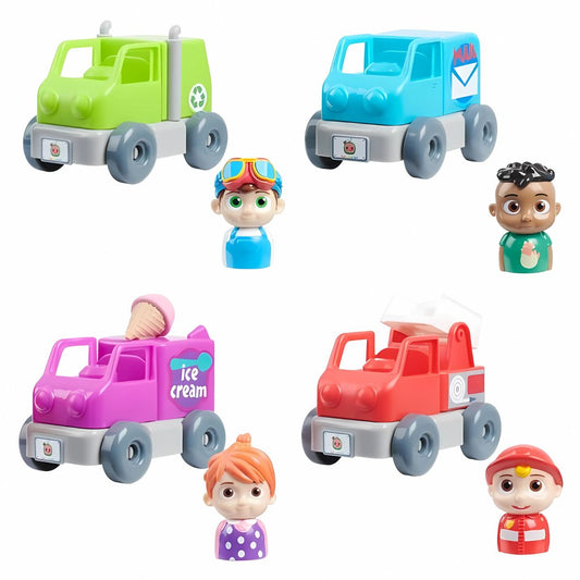 Cocomelon Build a Vehicle & Figure 4 Pack Set Includes JJ, TomTom, YoYo, & Cody
