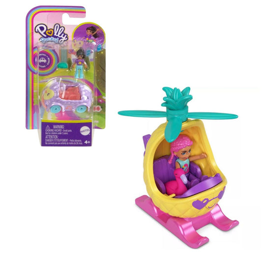 Polly Pocket Pollyville Micro Doll with Themed Toy Helicopter Car and Mini Flamingo Ages 4+
