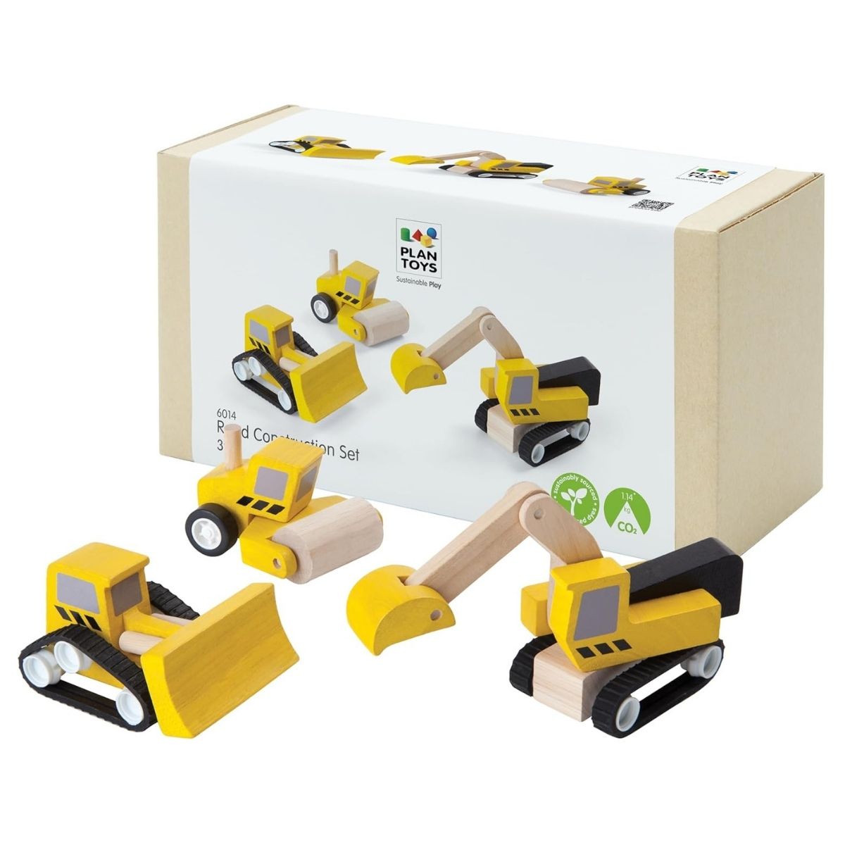 The PlanToys eco-friendly wooden toy vehicle displayed next to its official sustainable packaging.