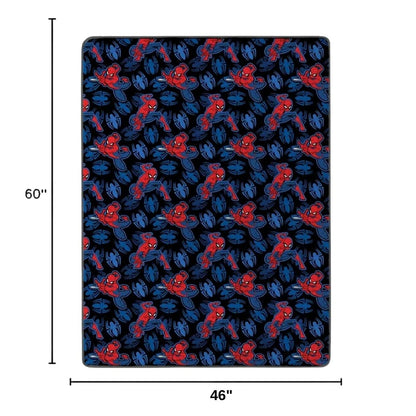 Sizing graphic for the Spider-Man throw blanket showing the full vibrant superhero design, indicating a total size of 46 inches wide by 60 inches long.