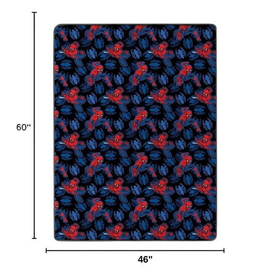 Sizing graphic for the Spider-Man throw blanket showing the full vibrant superhero design, indicating a total size of 46 inches wide by 60 inches long.