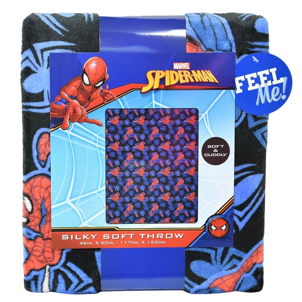Close-up view of the folded Marvel Spider-Man silky throw blanket displayed inside its branded blue packaging with a circular 'Feel Me!' sensory cutout.