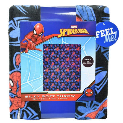 Close-up view of the folded Marvel Spider-Man silky throw blanket displayed inside its branded blue packaging with a circular 'Feel Me!' sensory cutout.