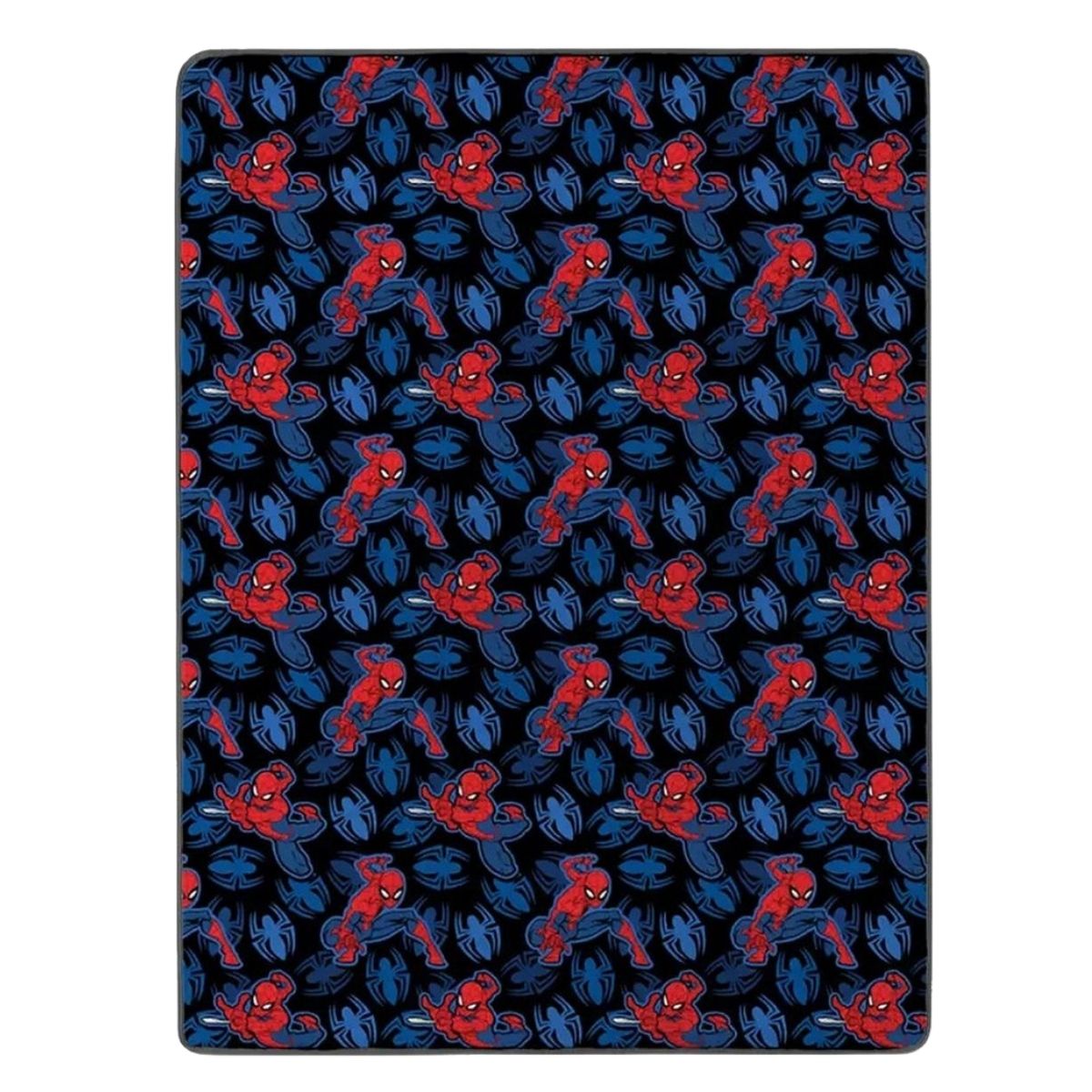 Front view of the fully unrolled Marvel Spider-Man silky throw blanket featuring a repeating pattern of Spidey swinging on webs against a dark blue background.