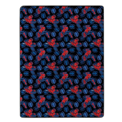 Front view of the fully unrolled Marvel Spider-Man silky throw blanket featuring a repeating pattern of Spidey swinging on webs against a dark blue background.