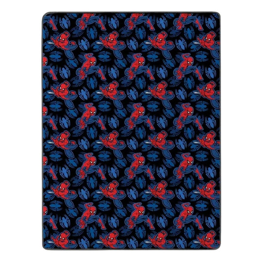 Front view of the fully unrolled Marvel Spider-Man silky throw blanket featuring a repeating pattern of Spidey swinging on webs against a dark blue background.