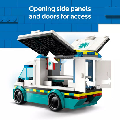 LEGO ambulance model with open side panels and doors on a blue background