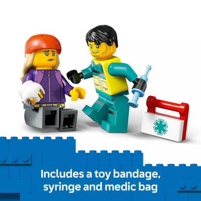 LEGO figures of a doctor and patient with medical supplies on a white background