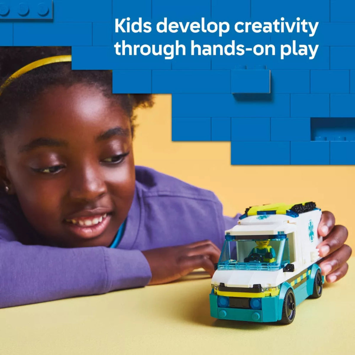 Child playing with a toy truck, with text about creativity development through play.
