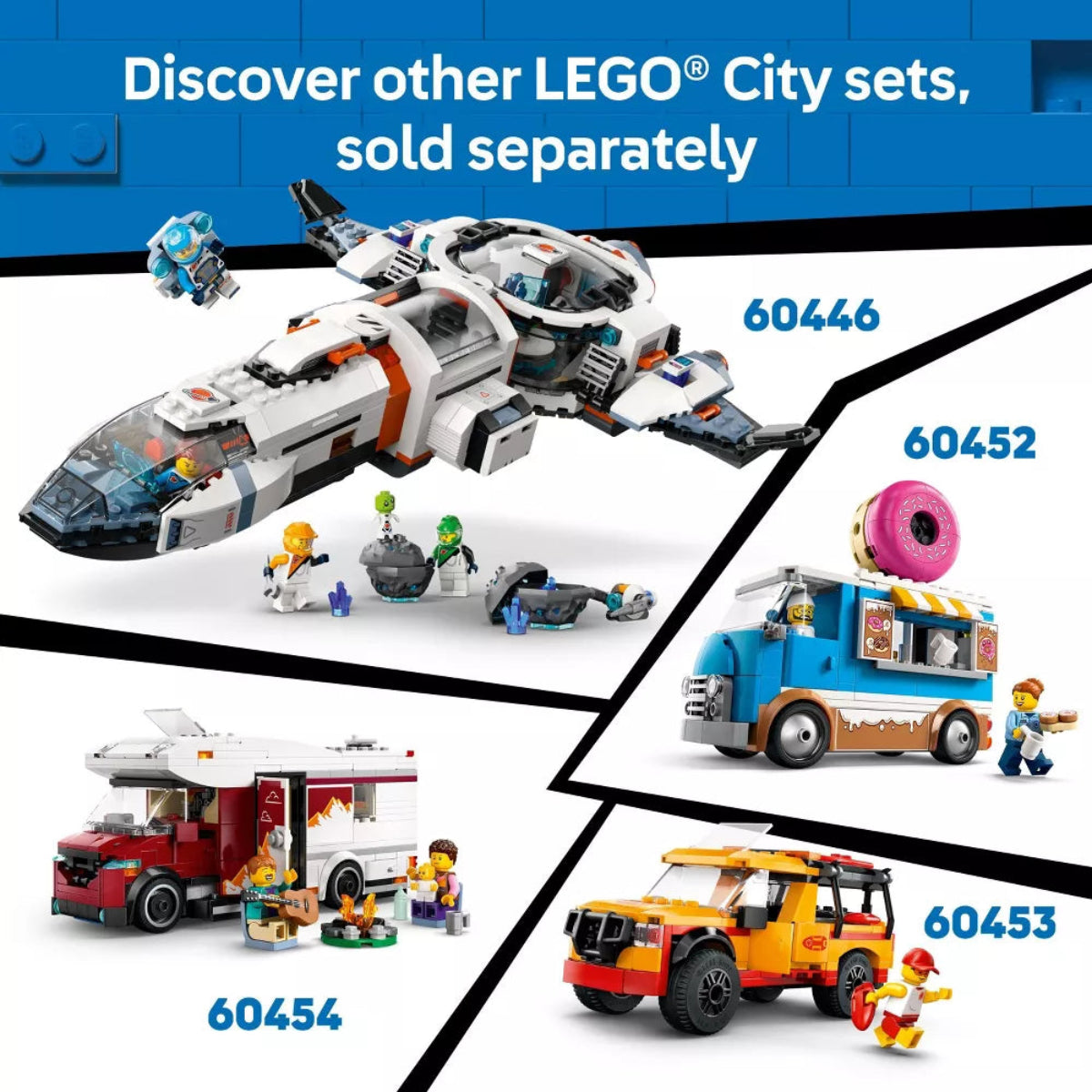 Promotional image of LEGO City sets with vehicles and figures on a blue and black background.