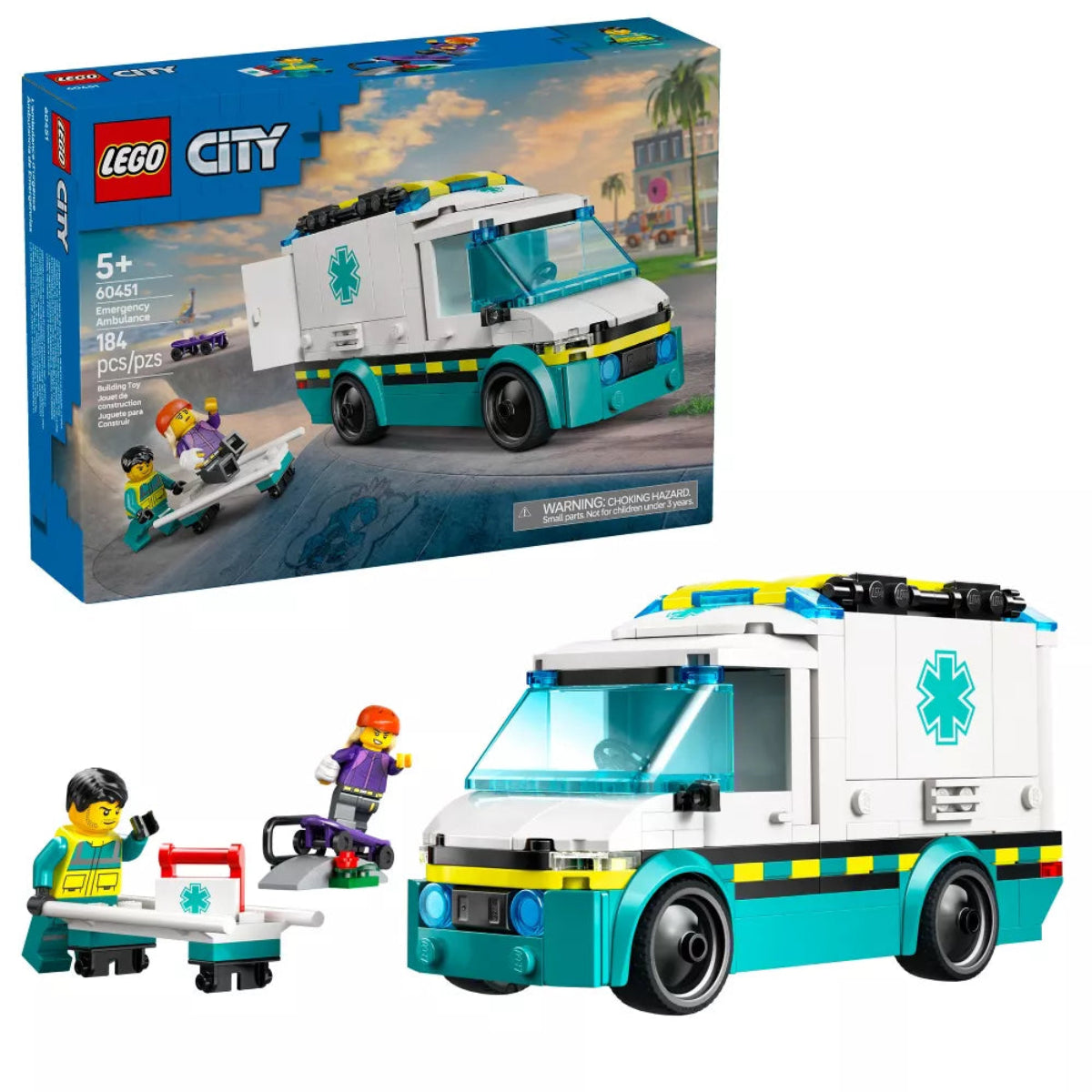 LEGO City emergency vehicle set with packaging and figures on a white background
