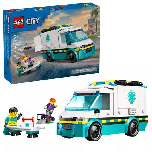LEGO City emergency vehicle set with packaging and figures on a white background