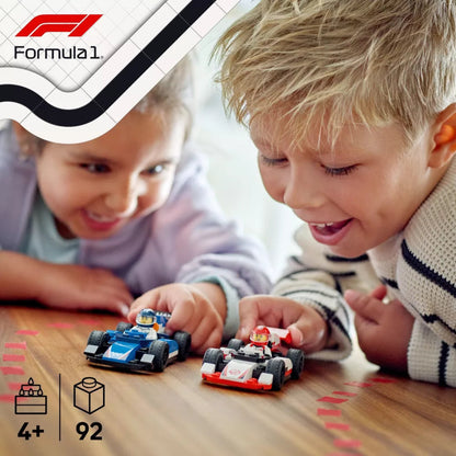 Two children playing with toy cars on a table, Formula 1 logo visible.