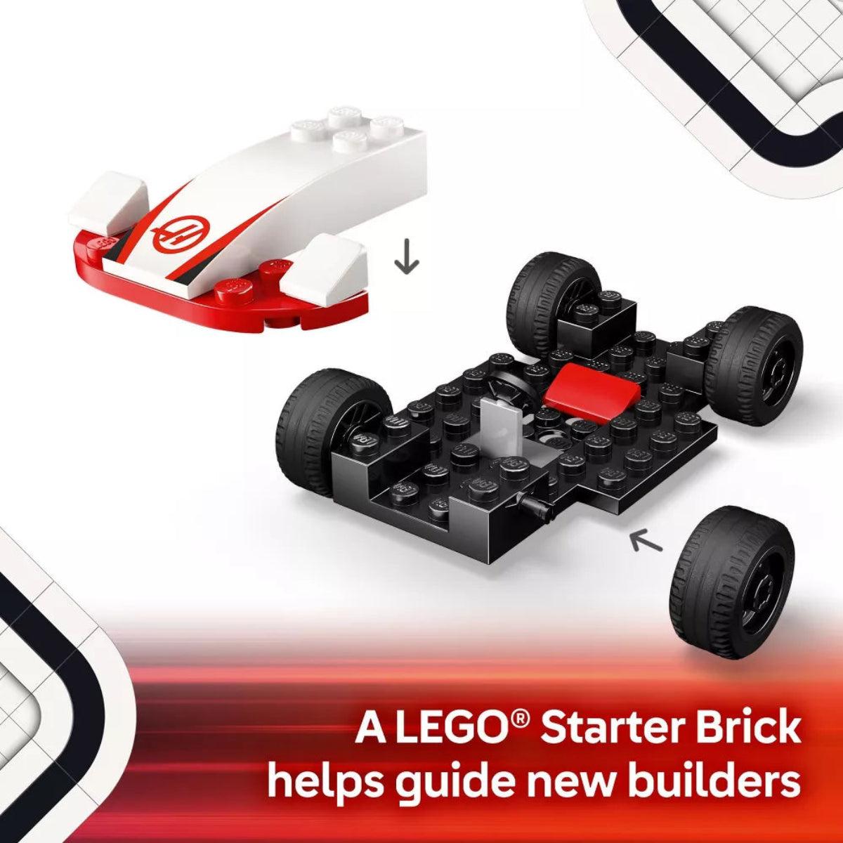 LEGO starter brick set with car model and text on a white background