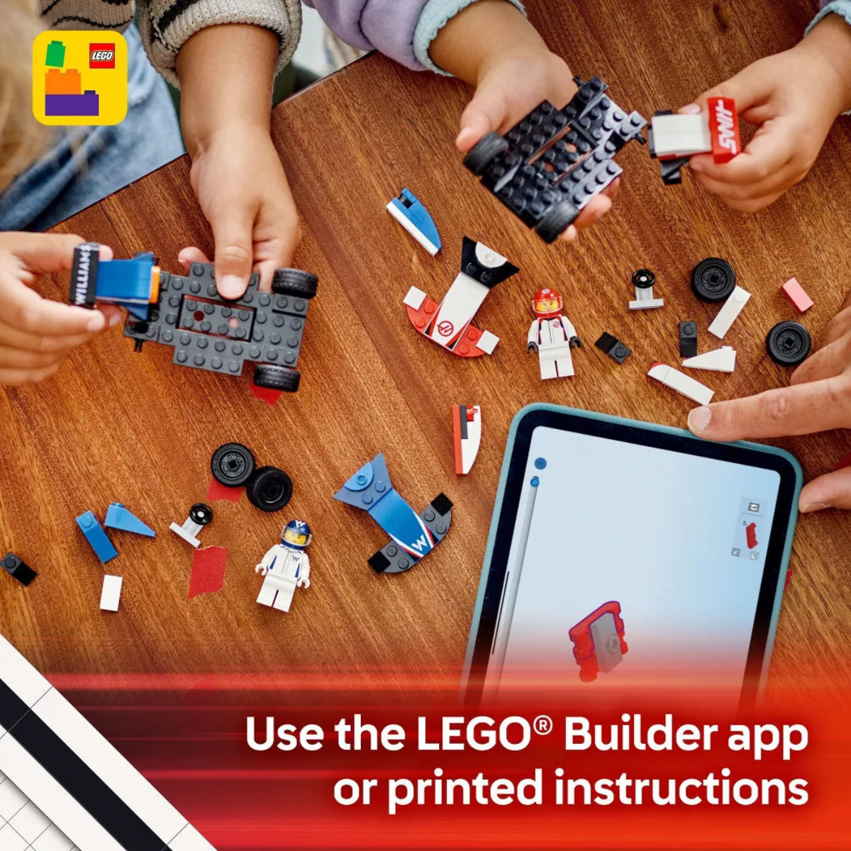 Children playing with LEGO bricks on a wooden table, with a smartphone displaying the LEGO Builder app.